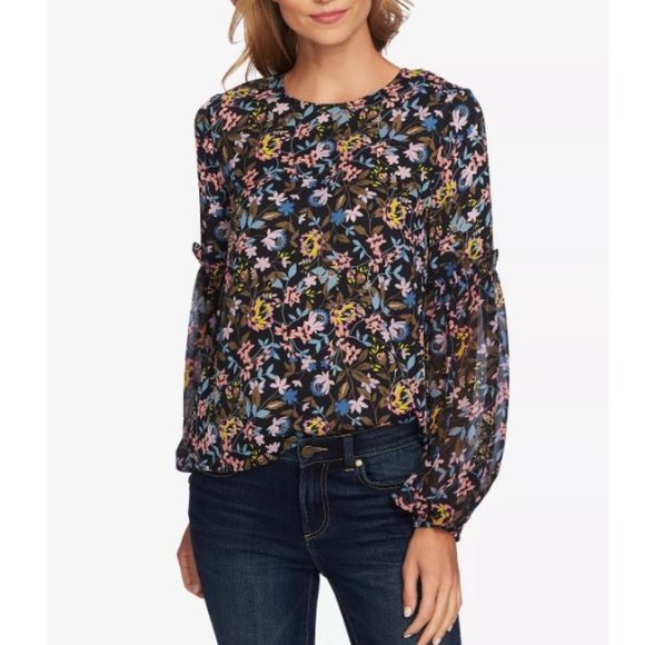 NWT CeCe Demure Floral Whinsy Black Statement Long Sleeve Shirt Blouse Top Sz M - Picture 1 of 2